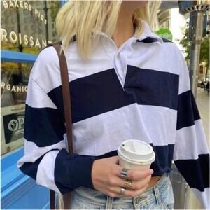 Brandy Melville Cropped Rugby Top Polo Blue White Stripe 100% Cotton One Size
